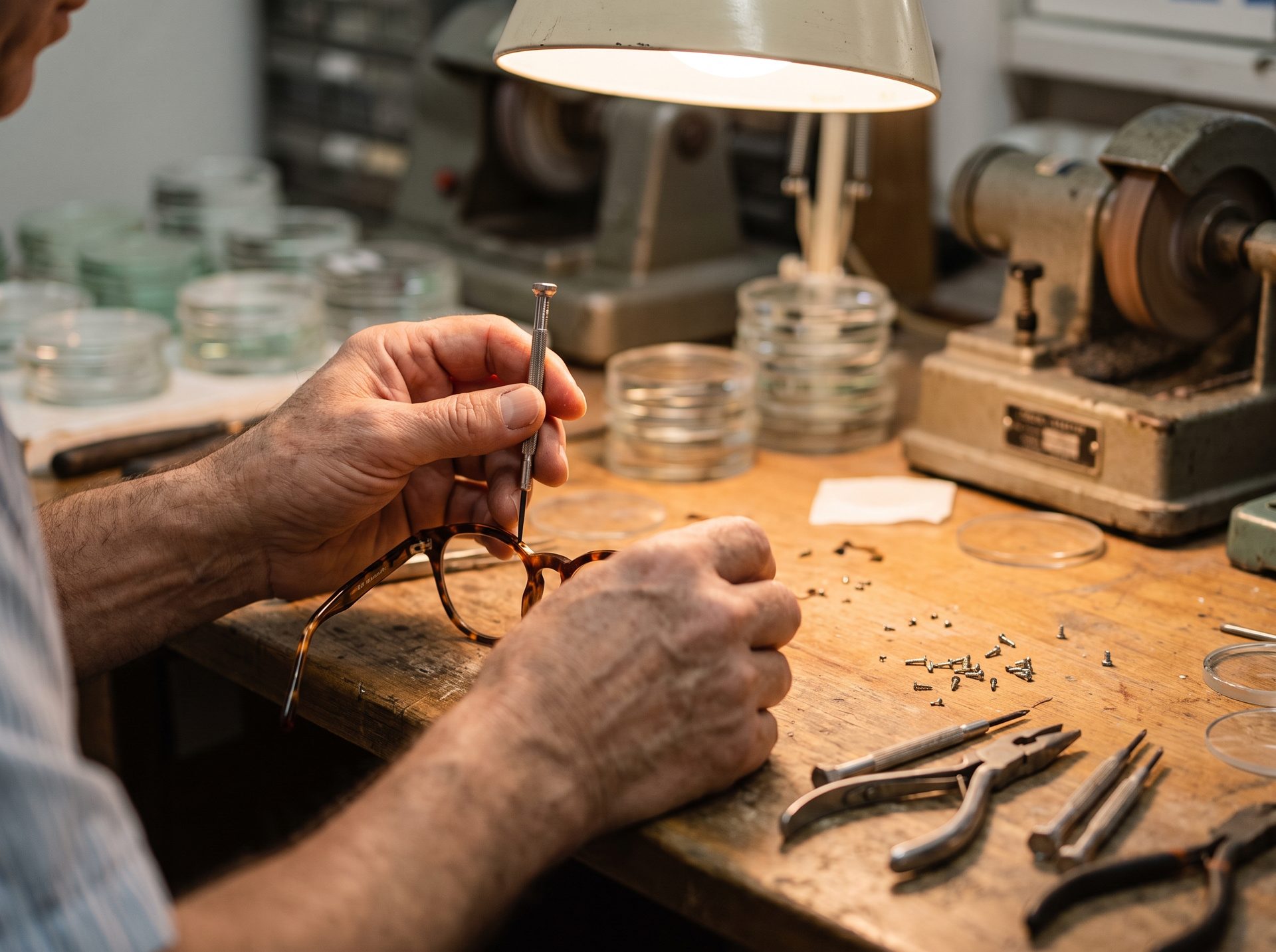 Feinarbeit an einer Designerbrille in der Optikerwerkstatt